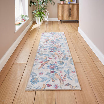 Washable Catherine Lansfield Amaya Tropical Birds Lightweight Printed Polyester Beige/Sky Blue/Crimson Red Flatweave Runner-Think Rugs-Rug Love - The Most Loved Rug Store